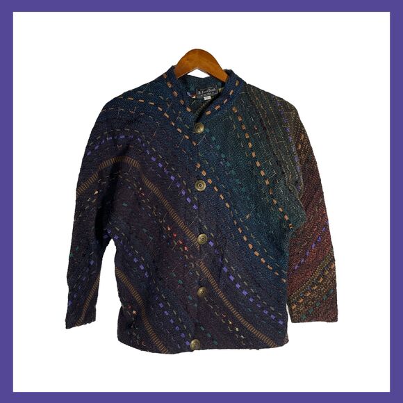 B. Jane Doub Handwoven Jacket Large Multicolor Art to Wear Fiber Knit Button - Picture 1 of 15